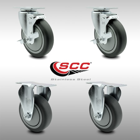 Service Caster 5 Inch SS Thermoplastic Rubber Wheel Top Plate Caster Set with 2 Brake 2 Rigid SCC-SS20S514-TPRB-TLB-2-R-2